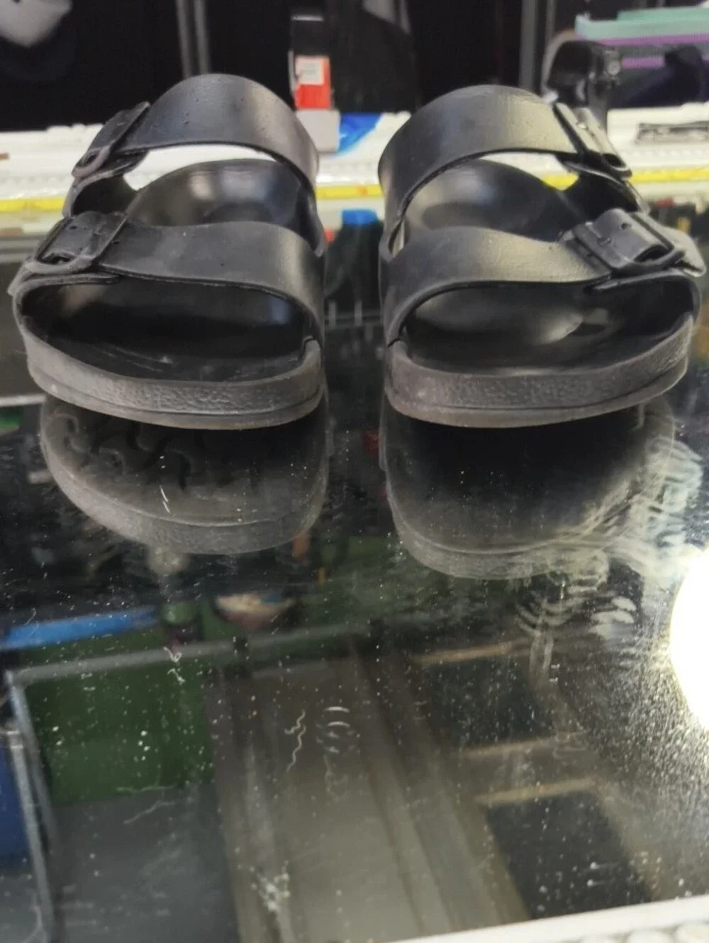 Mens 11 black Birkenstock Arizona EVA sandals,  lightweight two-strap Design.